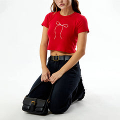 Red Bow Baby Tee for Women