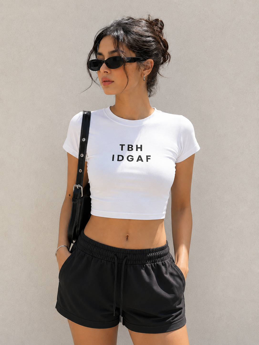 TBH IDGAF Baby Tee – Cropped Slim Fit Graphic T-Shirt
