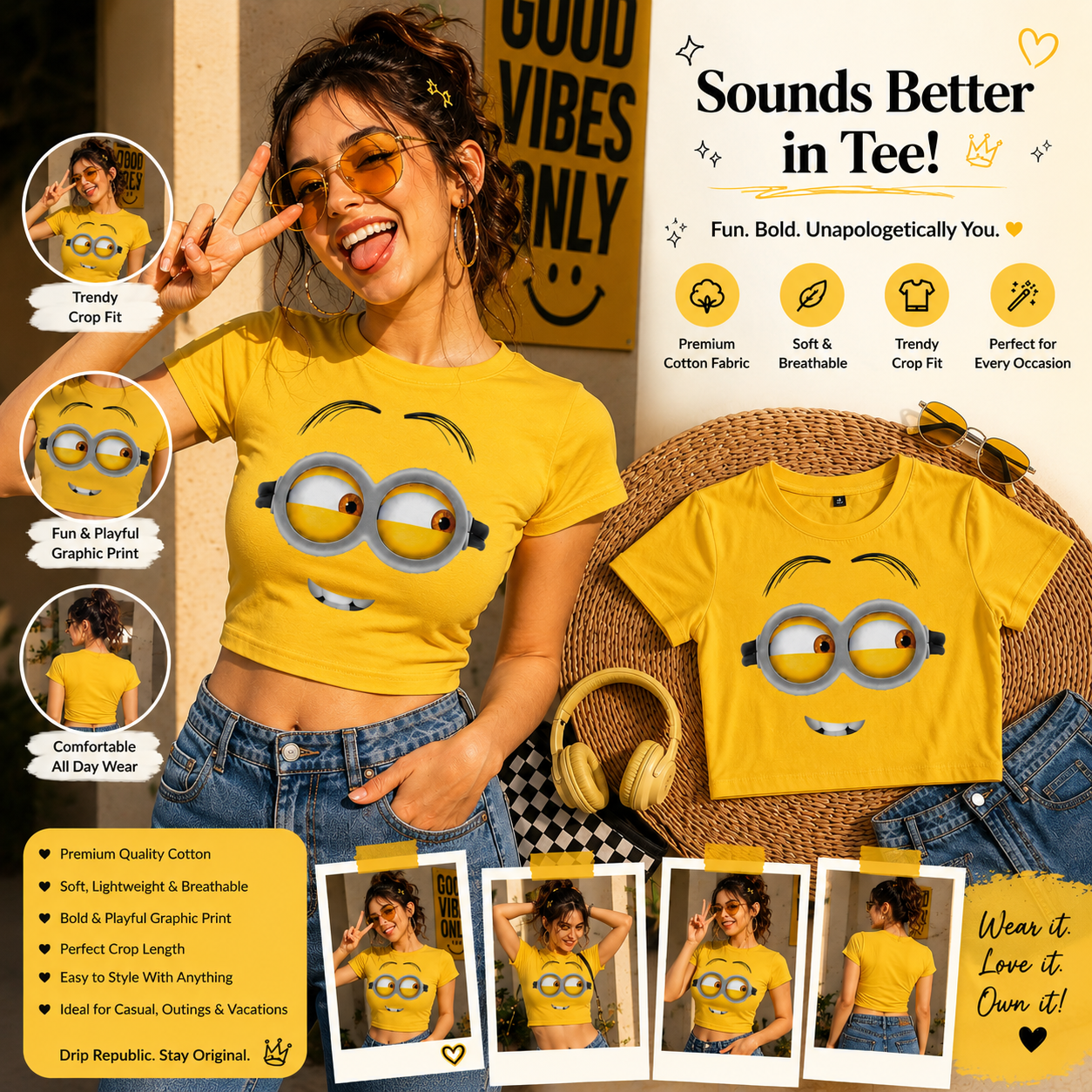 Minion-Inspired Graphic Baby Tee for Women | Y2K Fitted Crop Top | Drip Republic