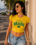 Brasil Graphic Baby Tee – Yellow Y2K Fitted Crop Top for Women | Drip Republic