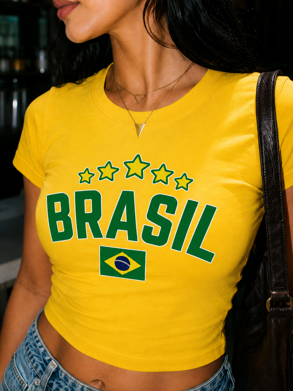 Brasil Graphic Baby Tee – Yellow Y2K Fitted Crop Top for Women | Drip Republic