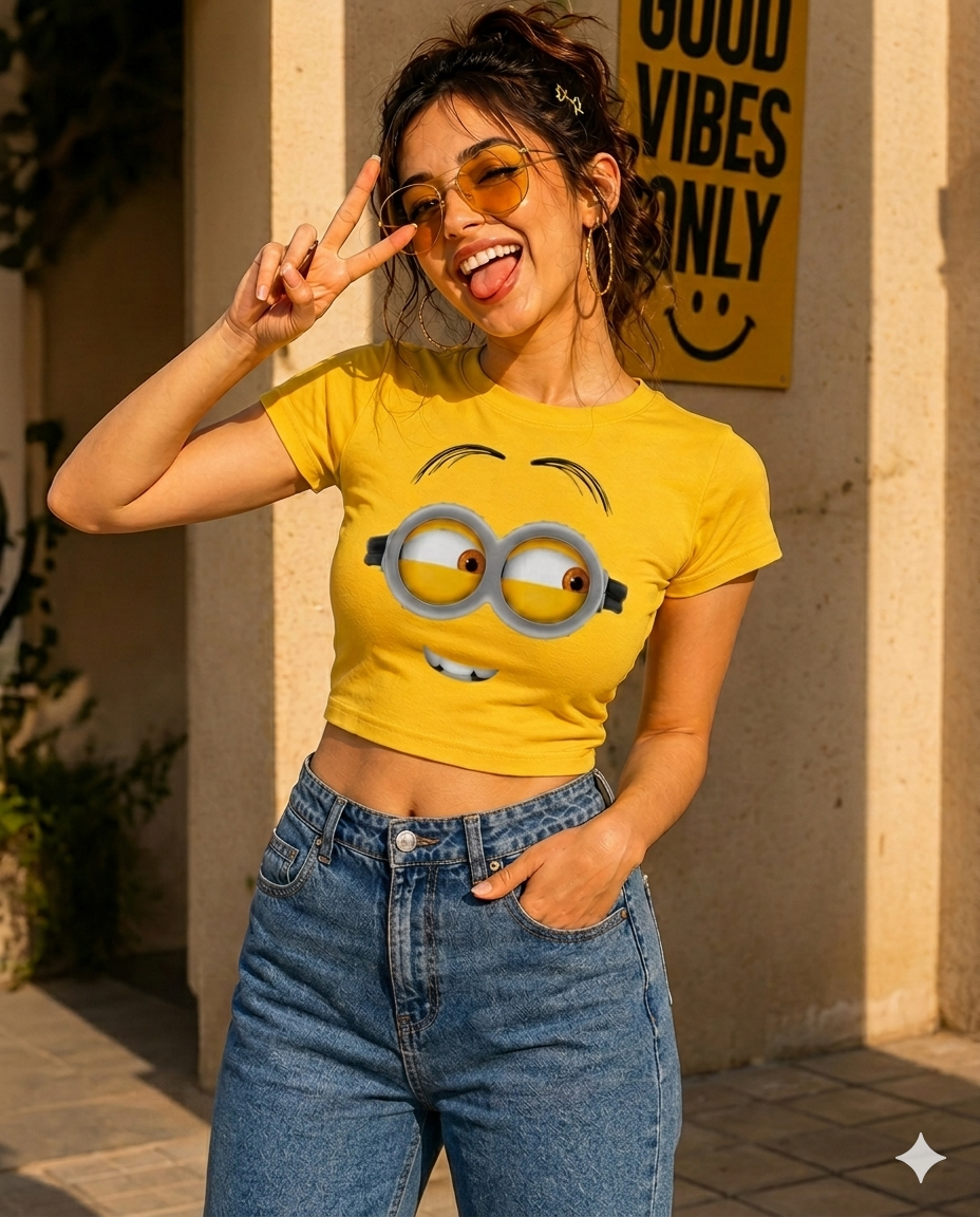 Minion-Inspired Graphic Baby Tee for Women | Y2K Fitted Crop Top | Drip Republic