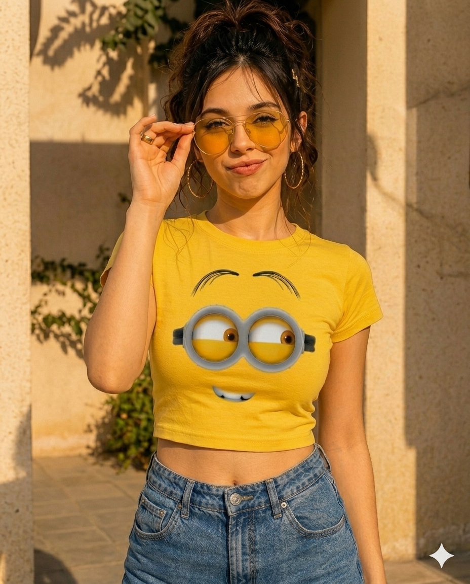 Minion-Inspired Graphic Baby Tee for Women | Y2K Fitted Crop Top | Drip Republic