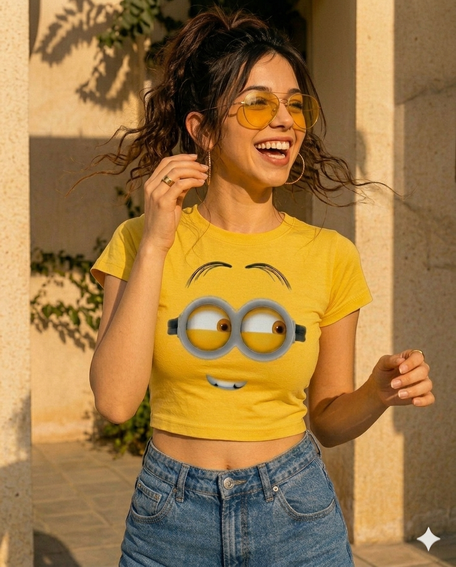 Minion-Inspired Graphic Baby Tee for Women | Y2K Fitted Crop Top | Drip Republic