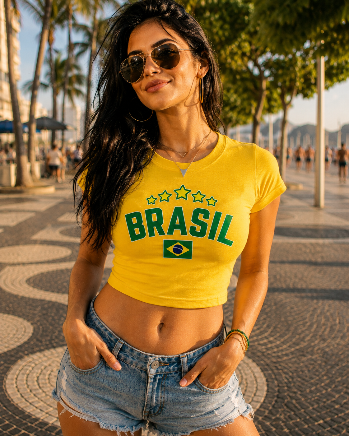 Brasil Graphic Baby Tee – Yellow Y2K Fitted Crop Top for Women | Drip Republic