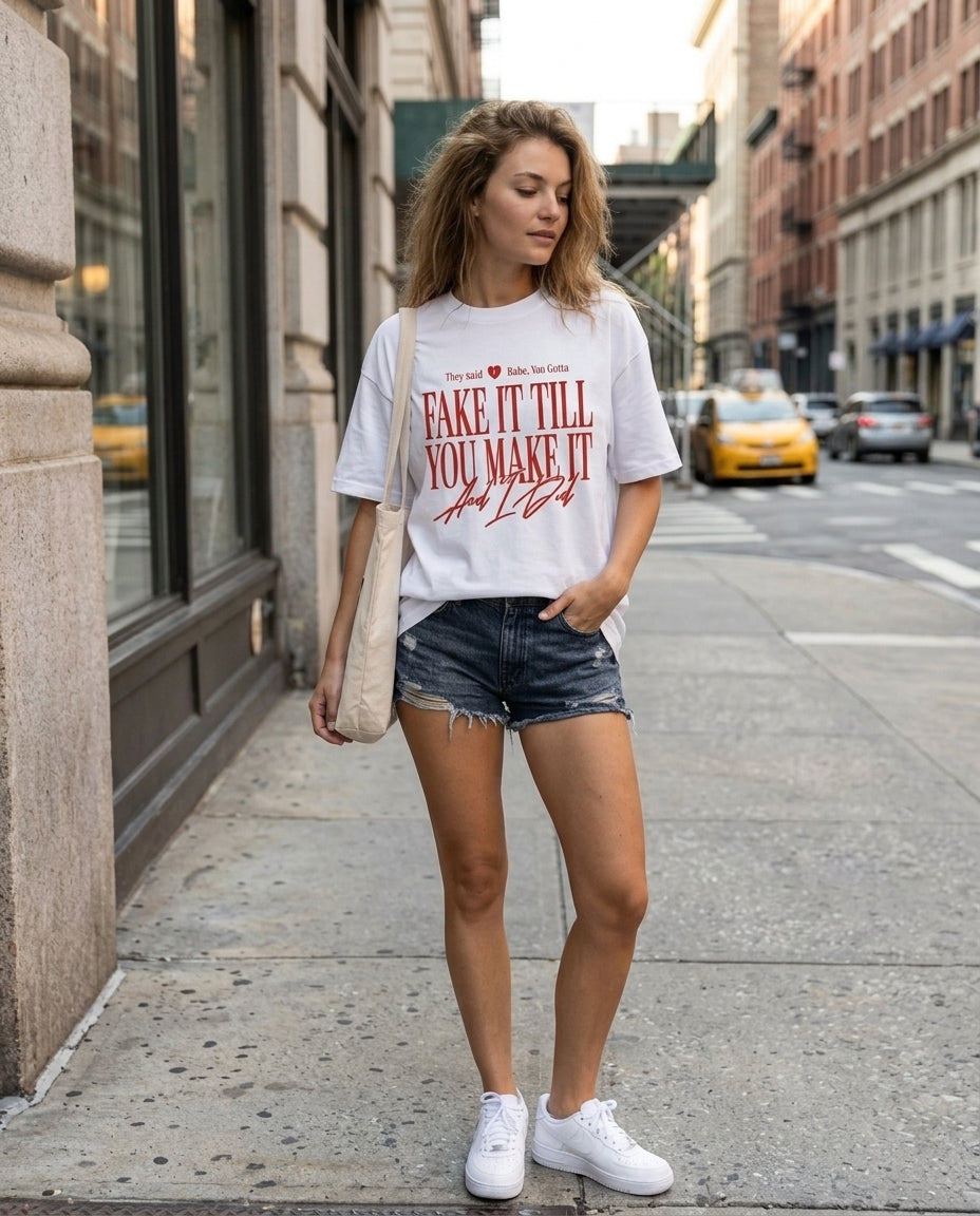 Fake It Till You Make It Oversized Graphic Tee – Premium Streetwear White T-Shirt