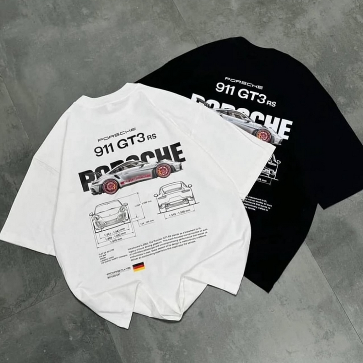 Porsche 911 GT3 RS Oversized T Shirt – White Supercar Blueprint Graphic Tee