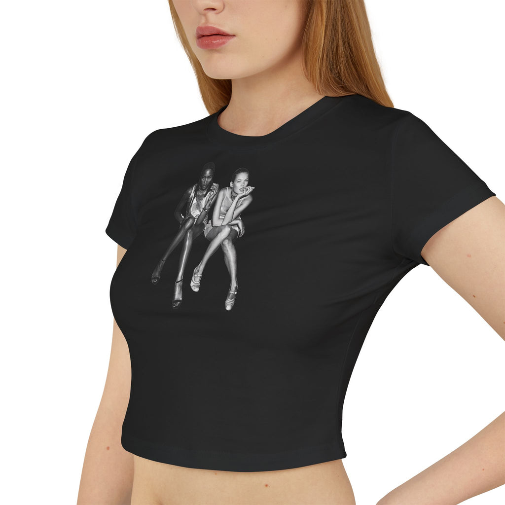Retro Model Graphic Baby Tee for Women – Cropped Streetwear Top in Black