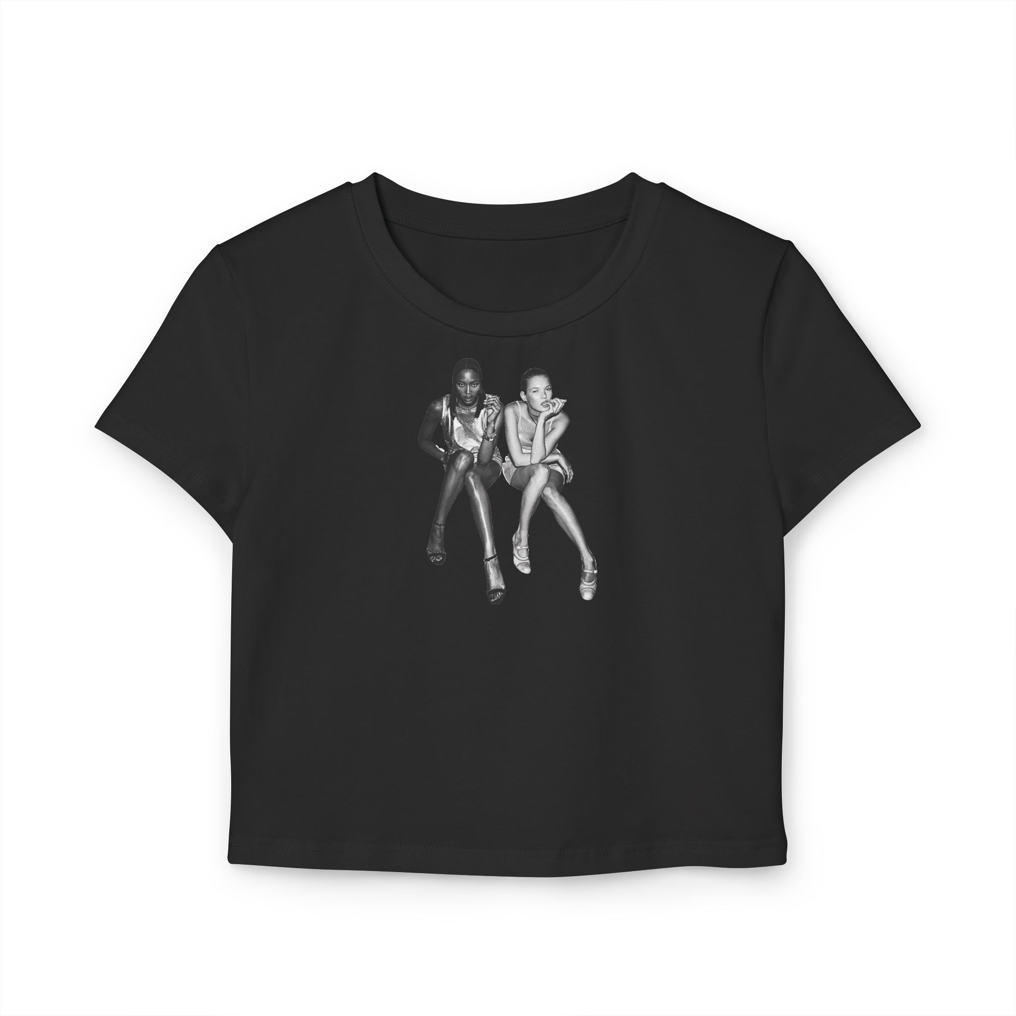 Retro Model Graphic Baby Tee for Women – Cropped Streetwear Top in Black