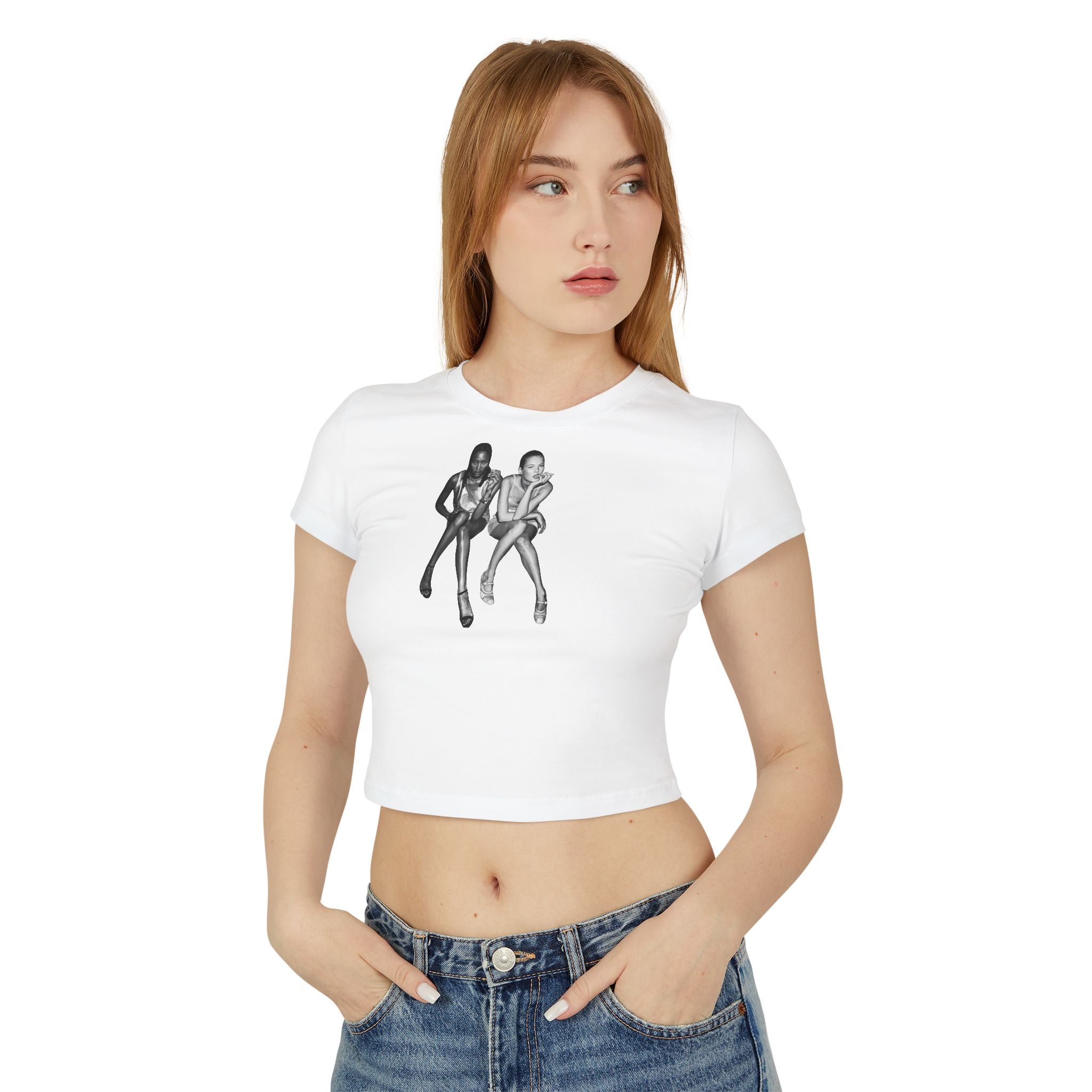 Retro Model Graphic Baby Tee for Women – Cropped Streetwear Top in White