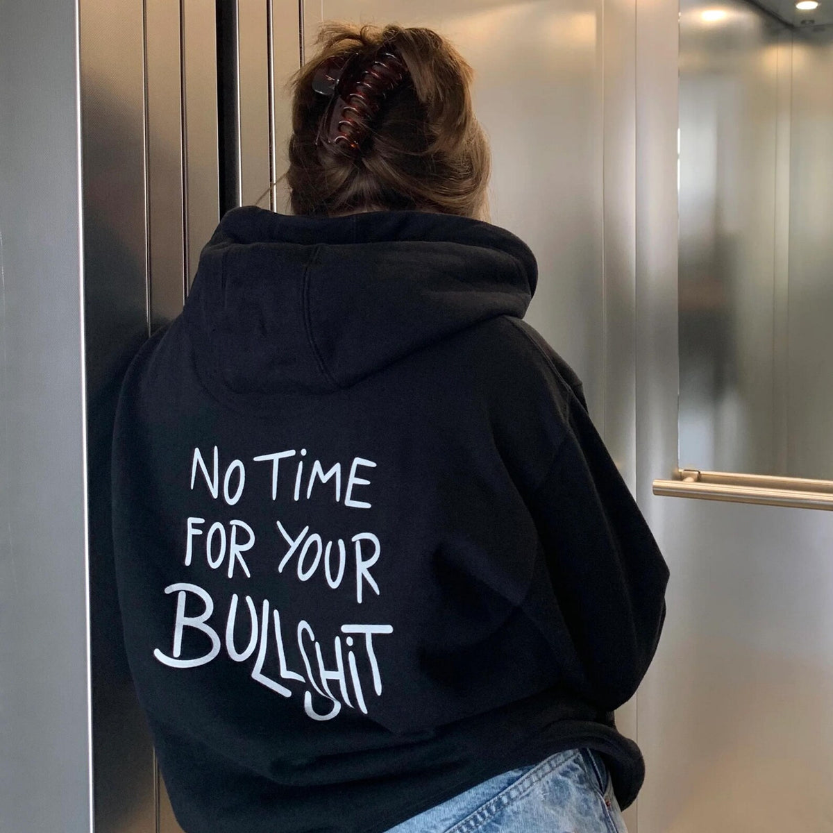 Women's Oversized Black Hoodie with No time for bull*hit Graphic | Streetwear Sweatshirt